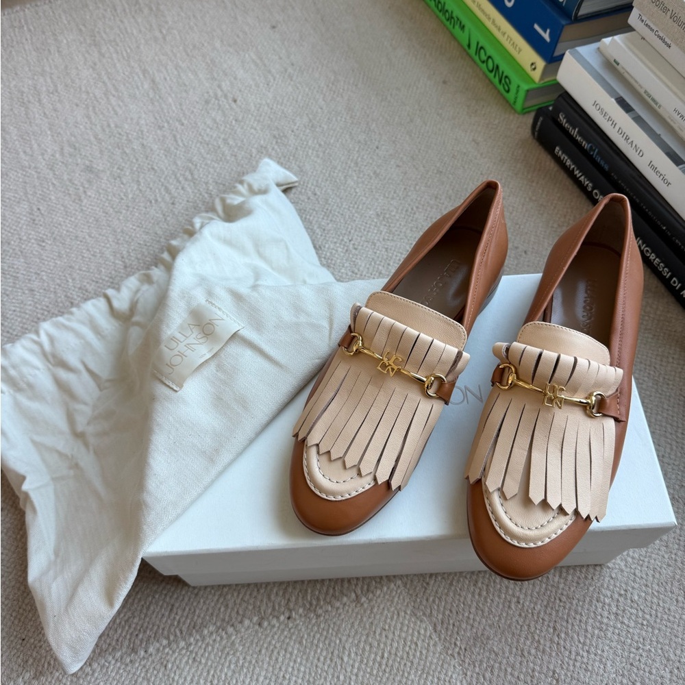 Ulla Johnson Tan and Cream Fringe Loafers